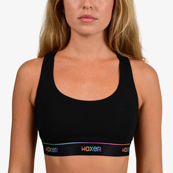 WOXER Sports Bra Womens Large Black Modal Racerback Rainbow Pride Band Athletic - Picture 1 of 8